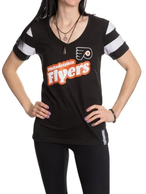 Official Licensed NHL Ladies' Retro Varsity Short Sleeve Vneck Tshirt--Philadelphia Flyers