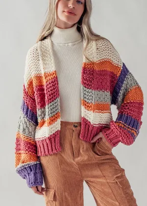 Open Front Chunky Knit Cardigan Color Block Sweater