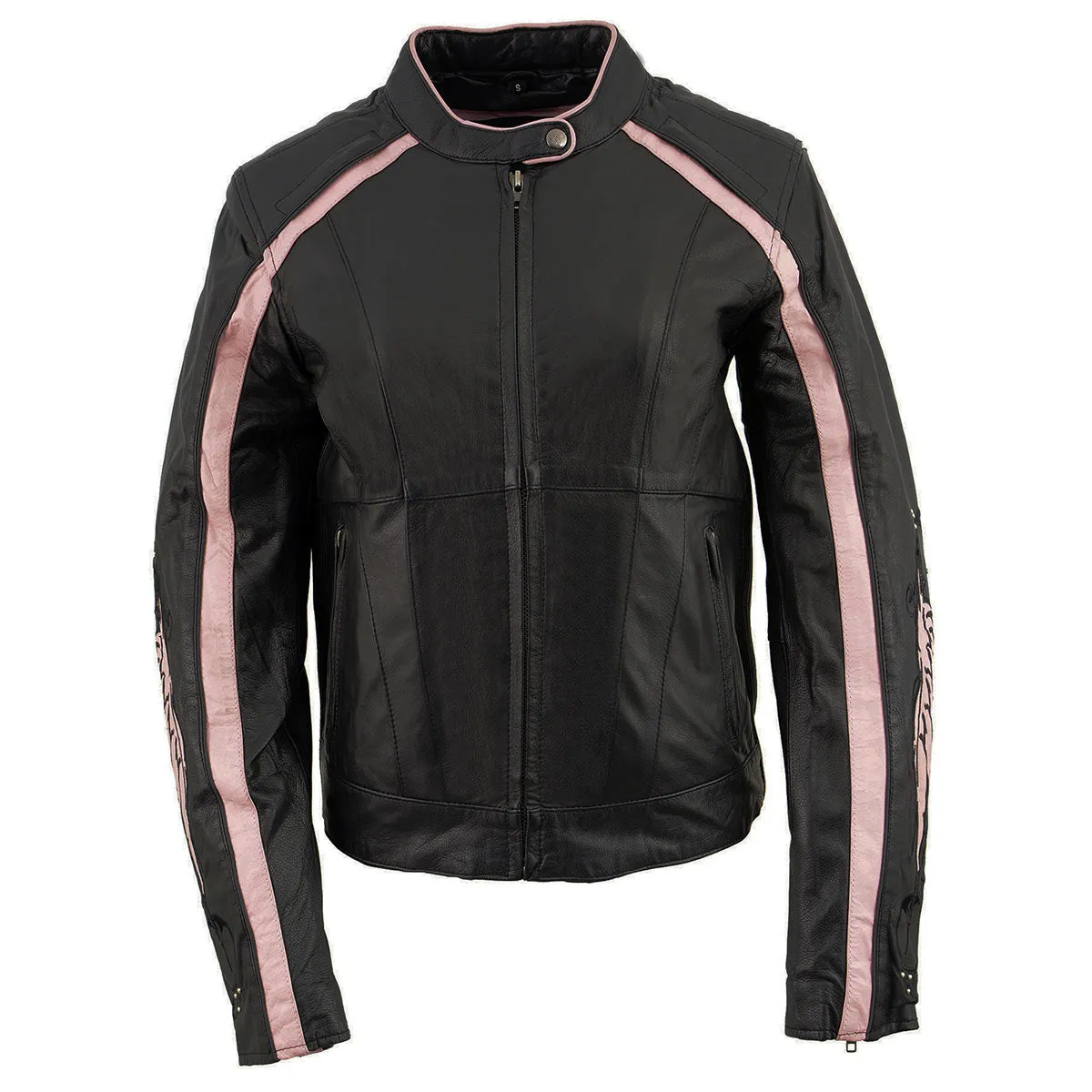 PINK Leather ML1952 Women's Black and Pink Embroidered and Stud Design Scooter Jacket