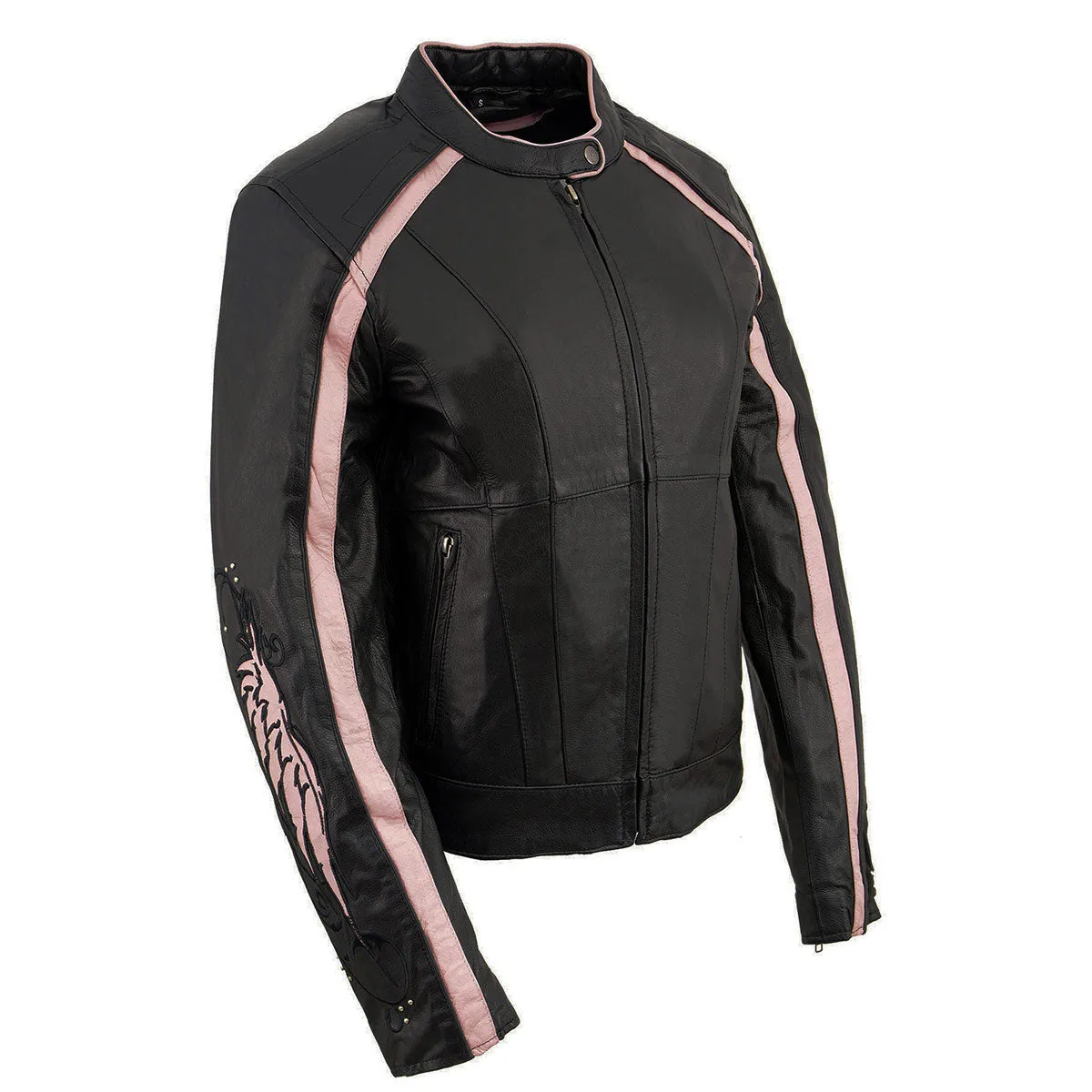 PINK Leather ML1952 Women's Black and Pink Embroidered and Stud Design Scooter Jacket