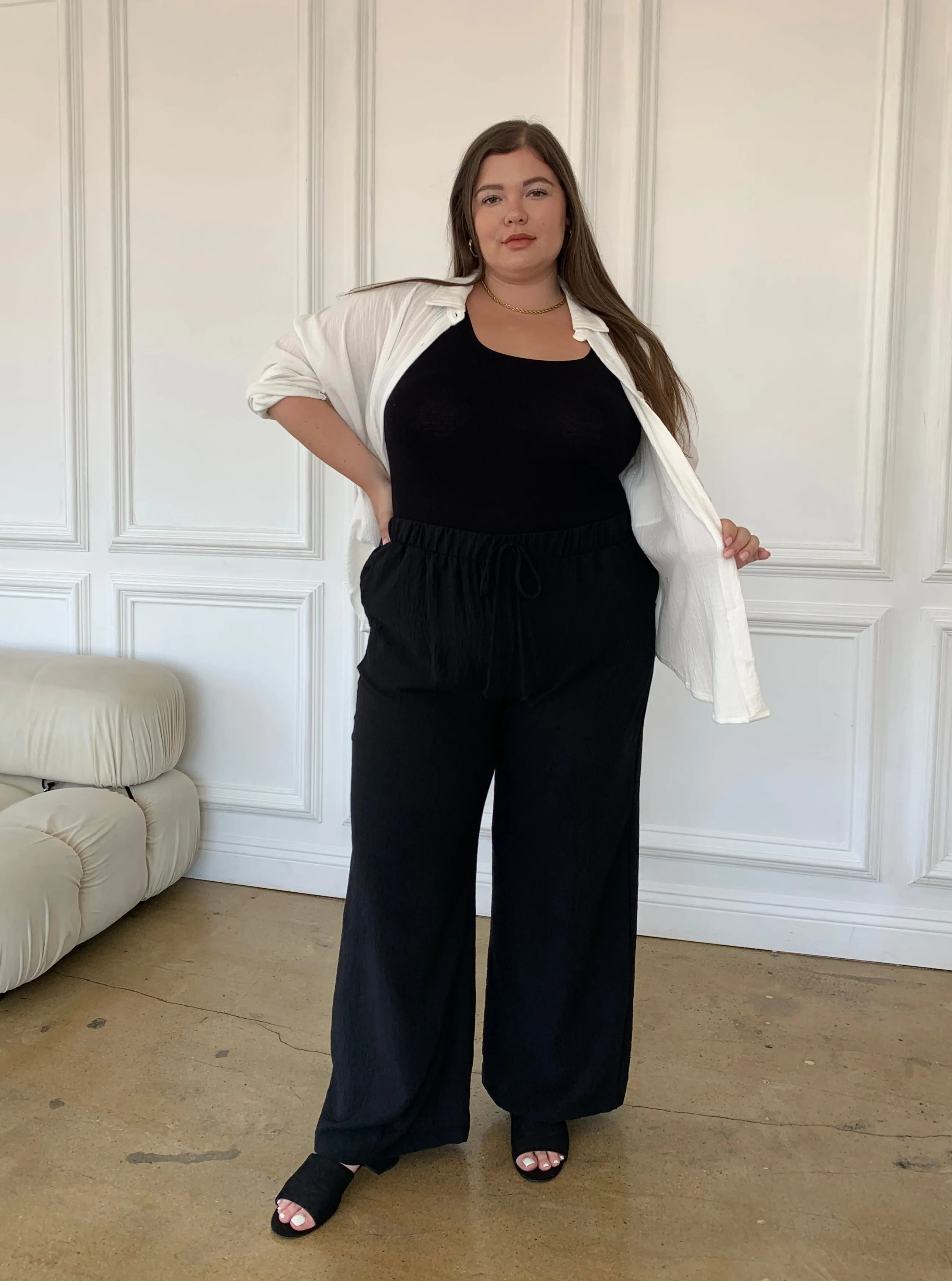 Plus Size Crinkled Chiffon Wide Leg Pants