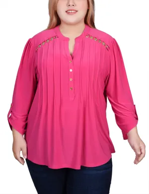 Plus Size Long Sleeve Pintuck Front Top With Chain Details