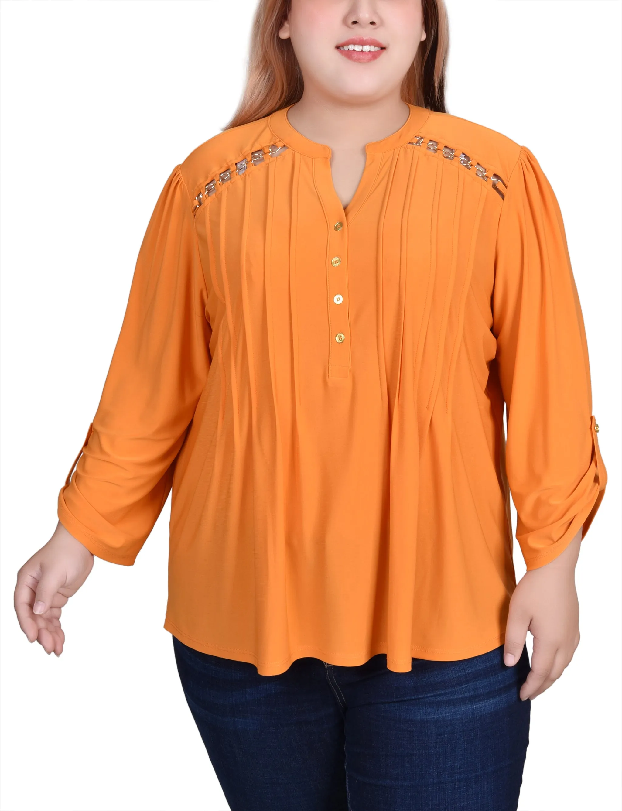 Plus Size Long Sleeve Pintuck Front Top With Chain Details