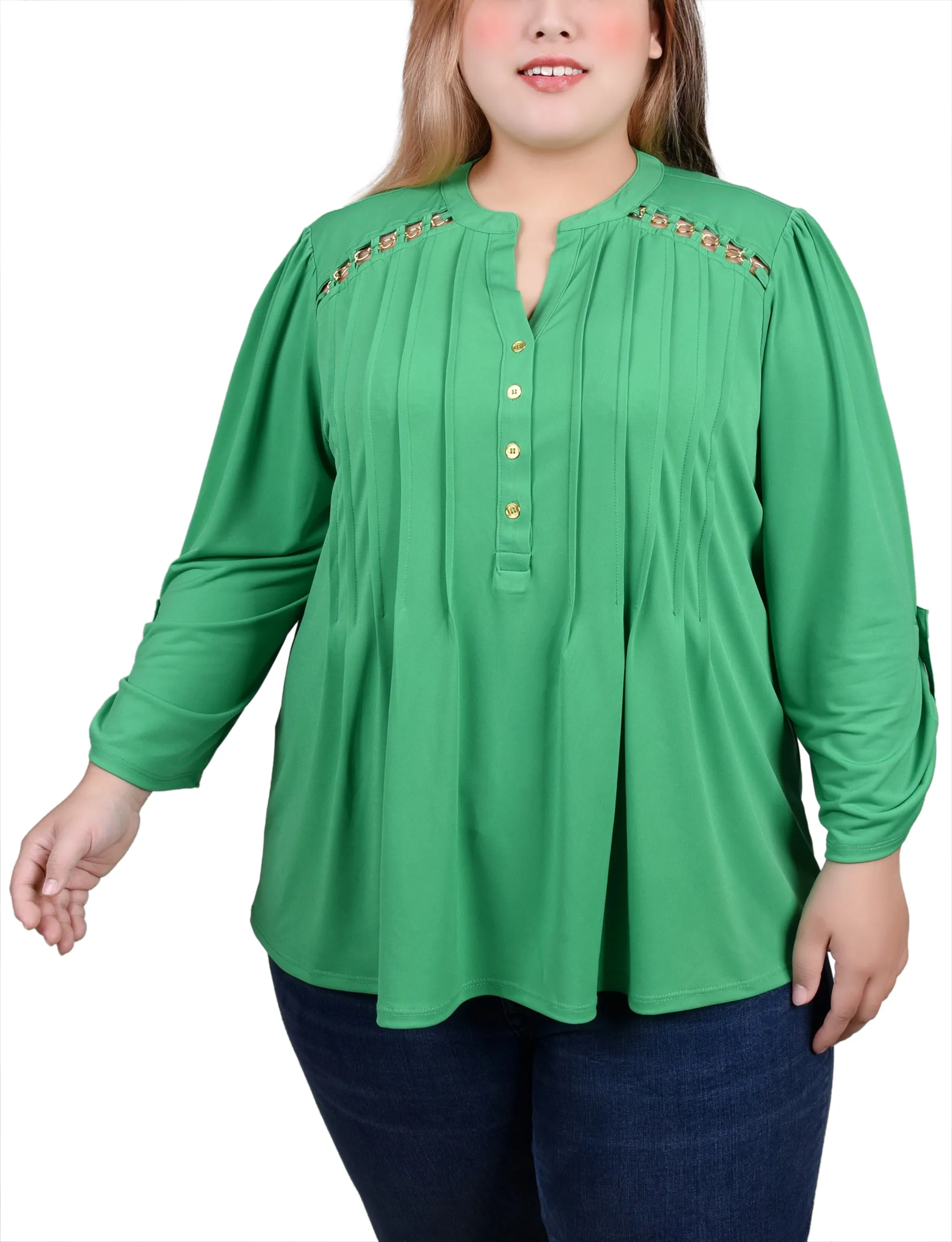 Plus Size Long Sleeve Pintuck Front Top With Chain Details