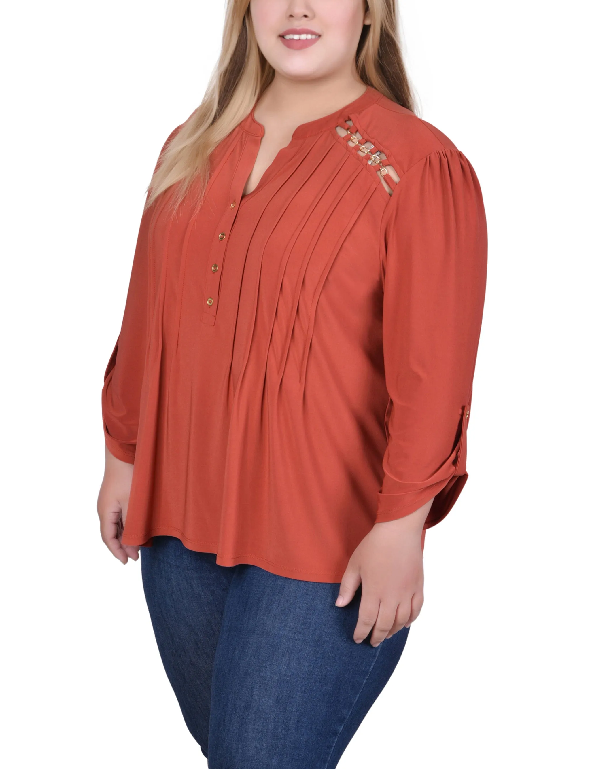 Plus Size Long Sleeve Pintuck Front Top With Chain Details