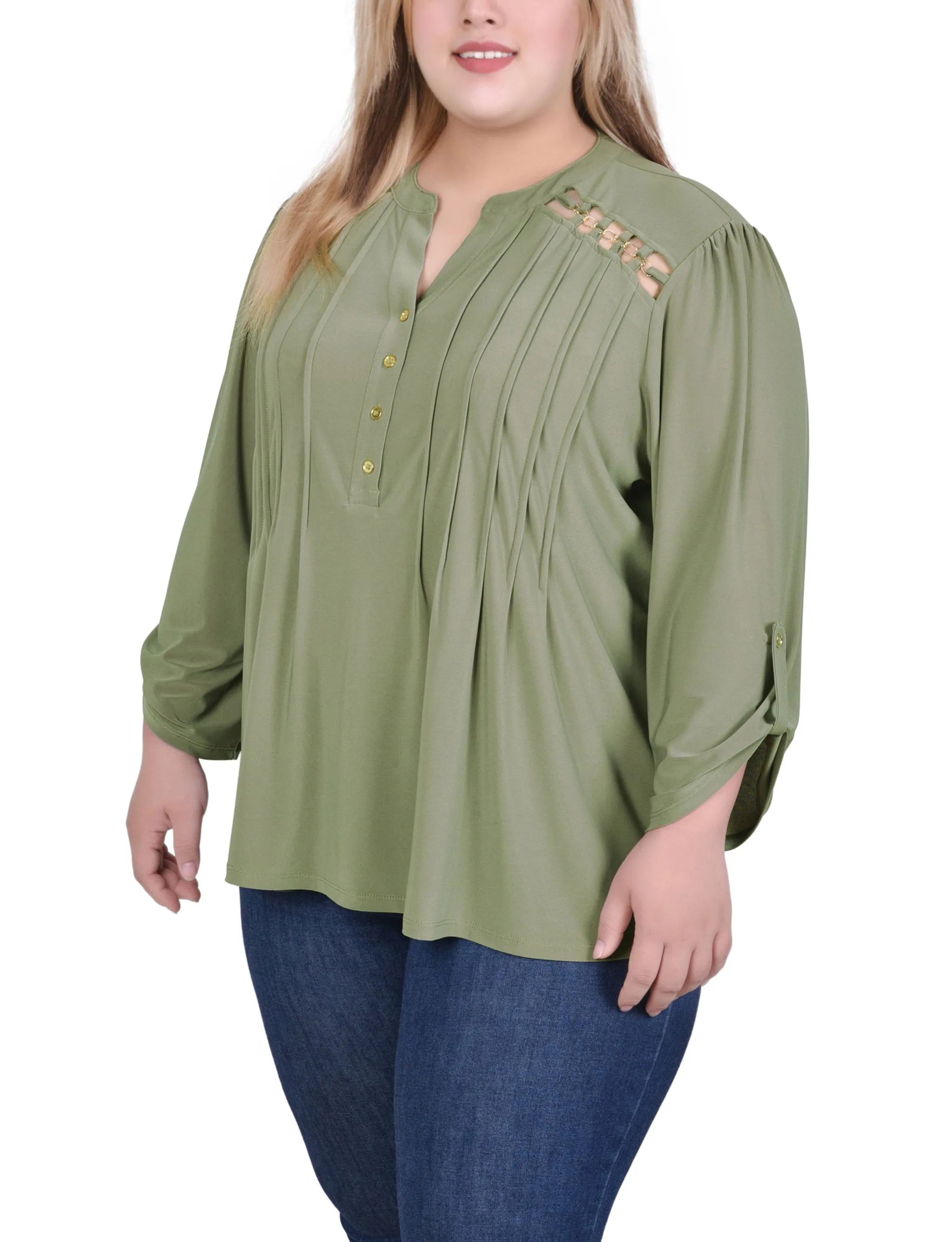 Plus Size Long Sleeve Pintuck Front Top With Chain Details