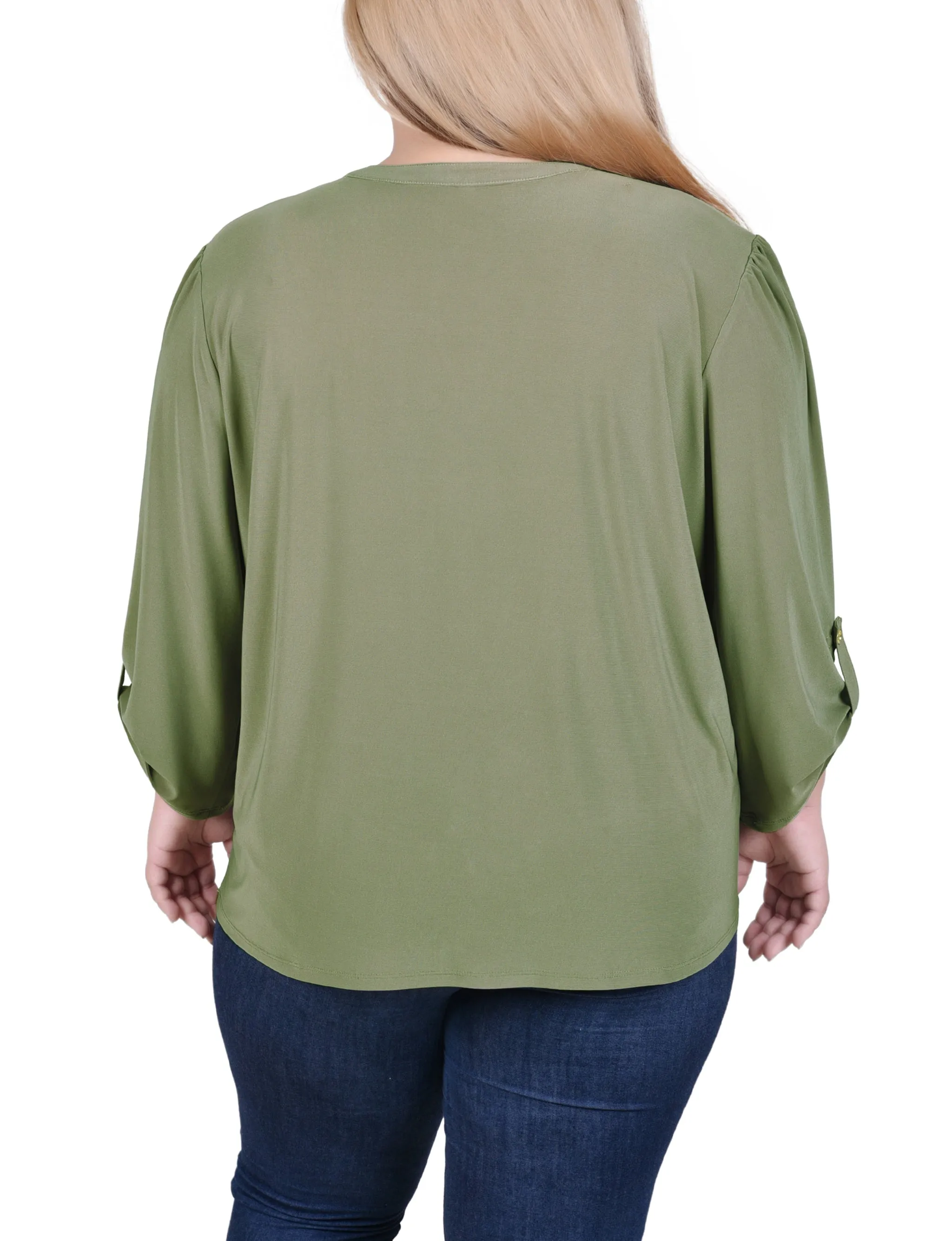 Plus Size Long Sleeve Pintuck Front Top With Chain Details