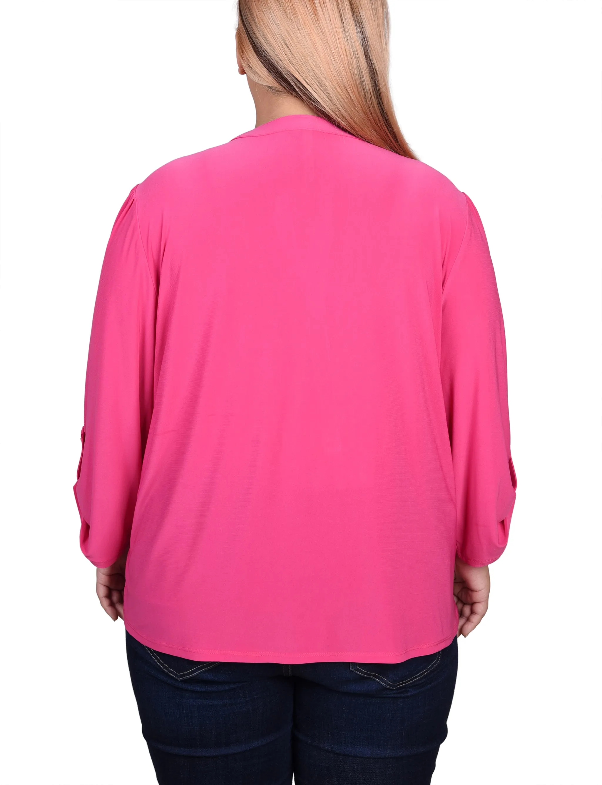 Plus Size Long Sleeve Pintuck Front Top With Chain Details