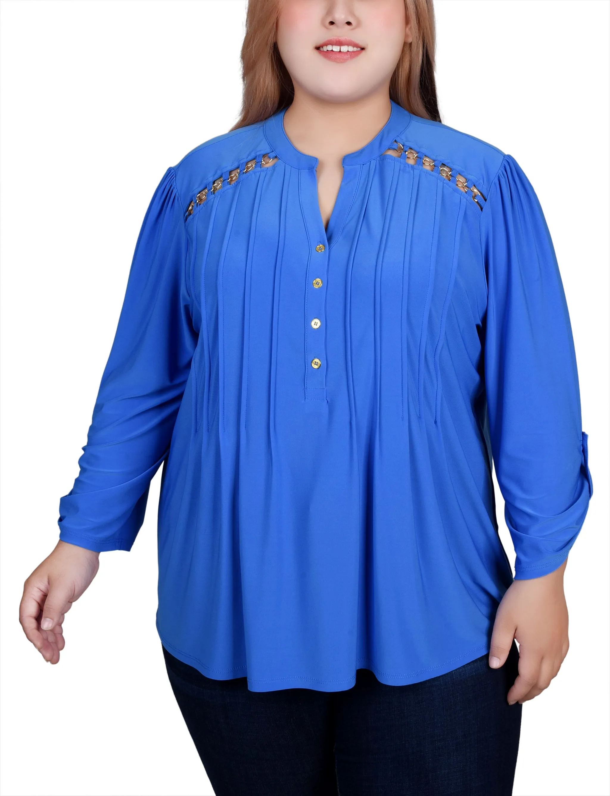 Plus Size Long Sleeve Pintuck Front Top With Chain Details