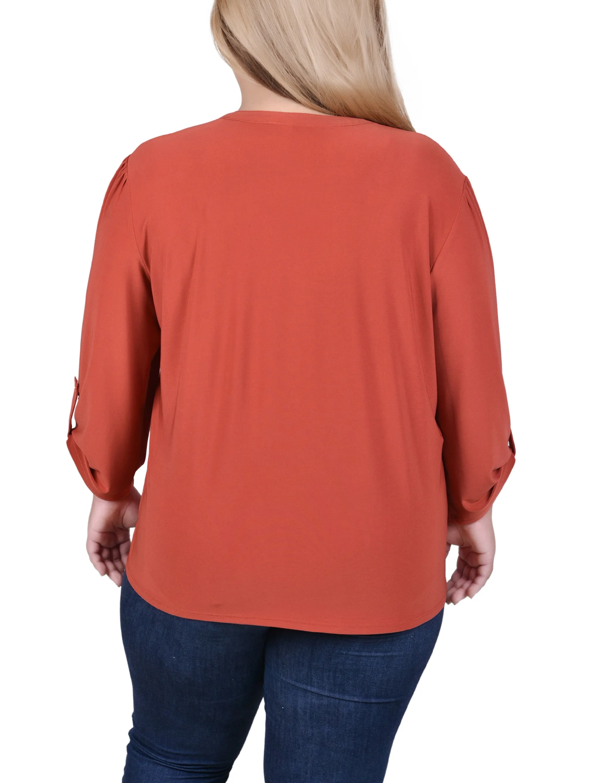 Plus Size Long Sleeve Pintuck Front Top With Chain Details