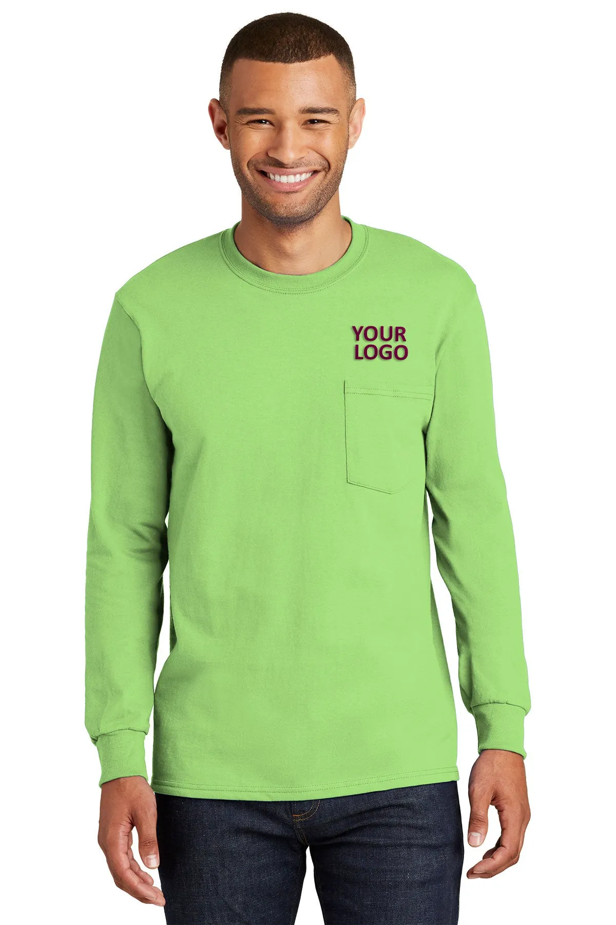 Port & Company Tall Long Sleeve Custom Essential Pocket Tee's, Lime