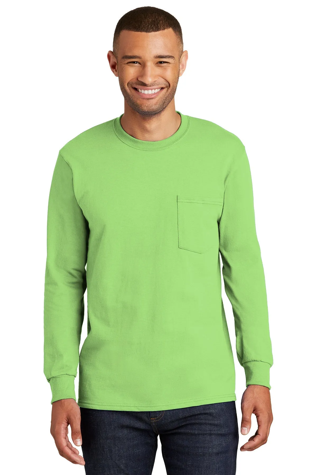 Port & Company Tall Long Sleeve Custom Essential Pocket Tee's, Lime