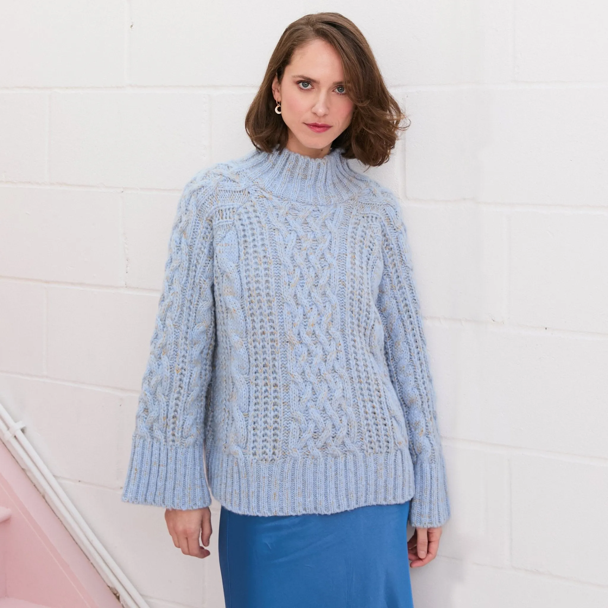 Sarah High Neck Cable Wide Sleeve Jumper - Blue