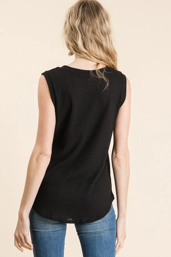 Sleeveless Waffle Knit Tank Top- Black