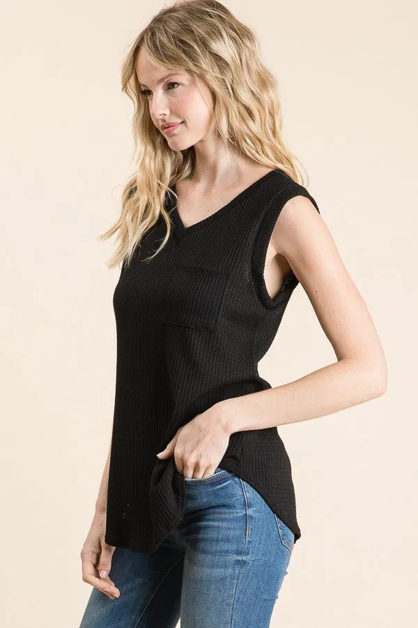 Sleeveless Waffle Knit Tank Top- Black