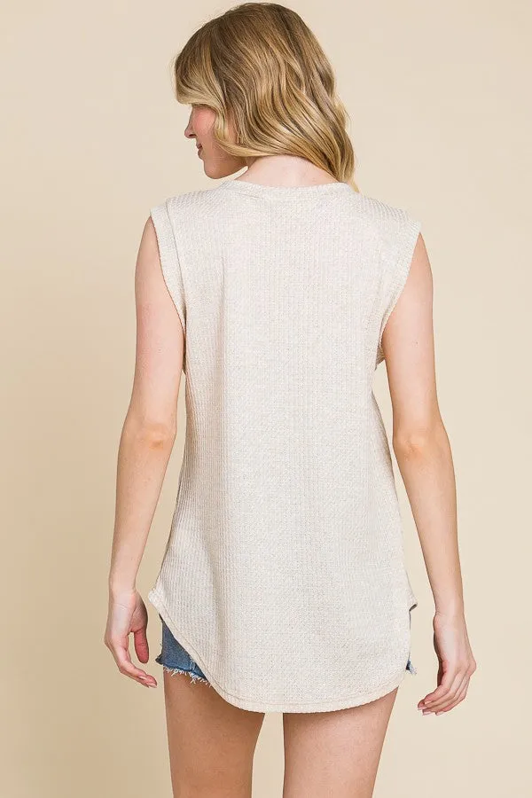 Sleeveless Waffle Knit Tank Top- Oatmeal