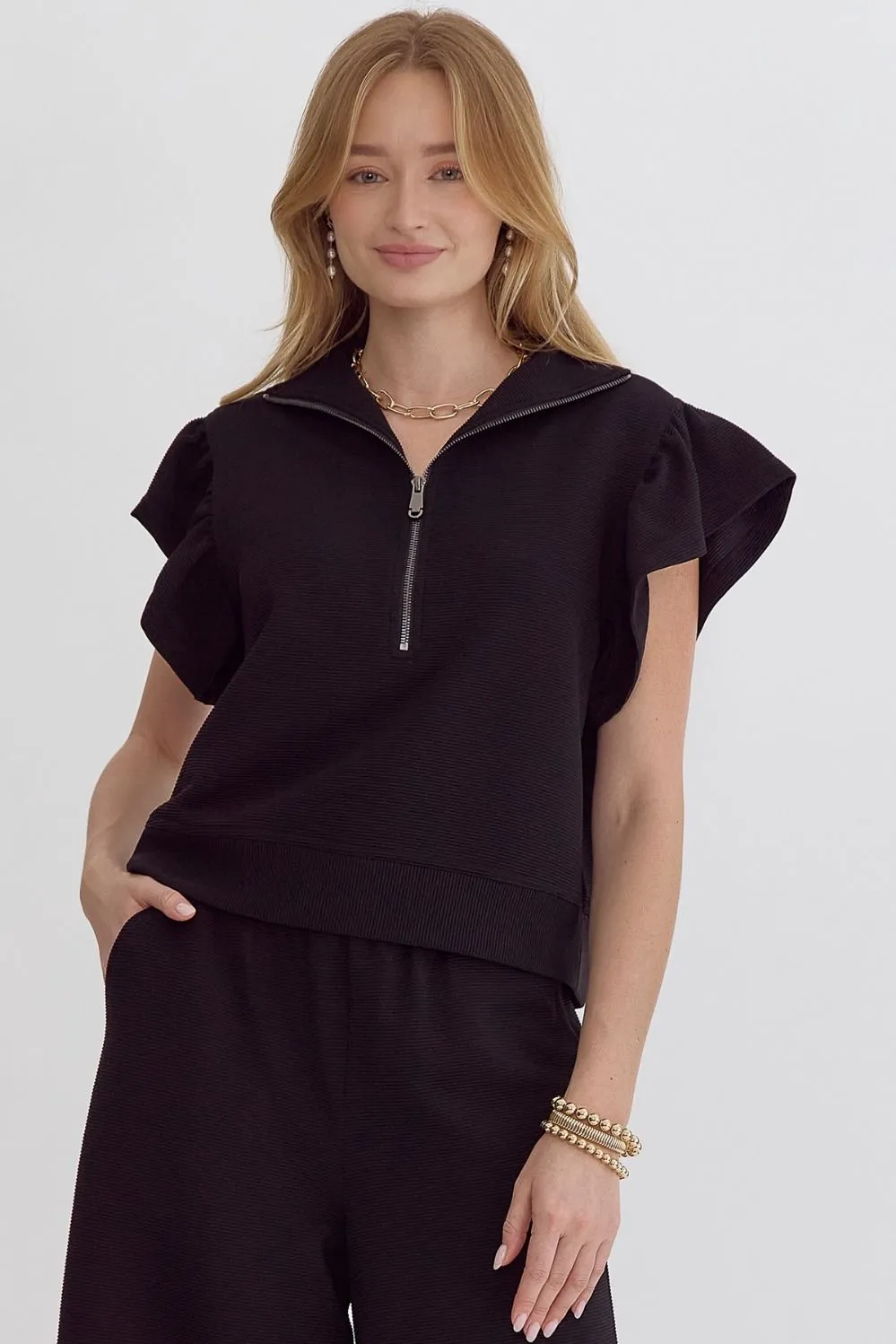 Textured Solid Ruffle Sleeve Top