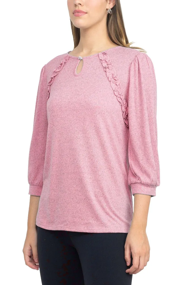 Tint   Shadow 3/4 Sleeve Crew Neck With Rhinestone Button Keyhole & Front Ruffle Detail Knit Top