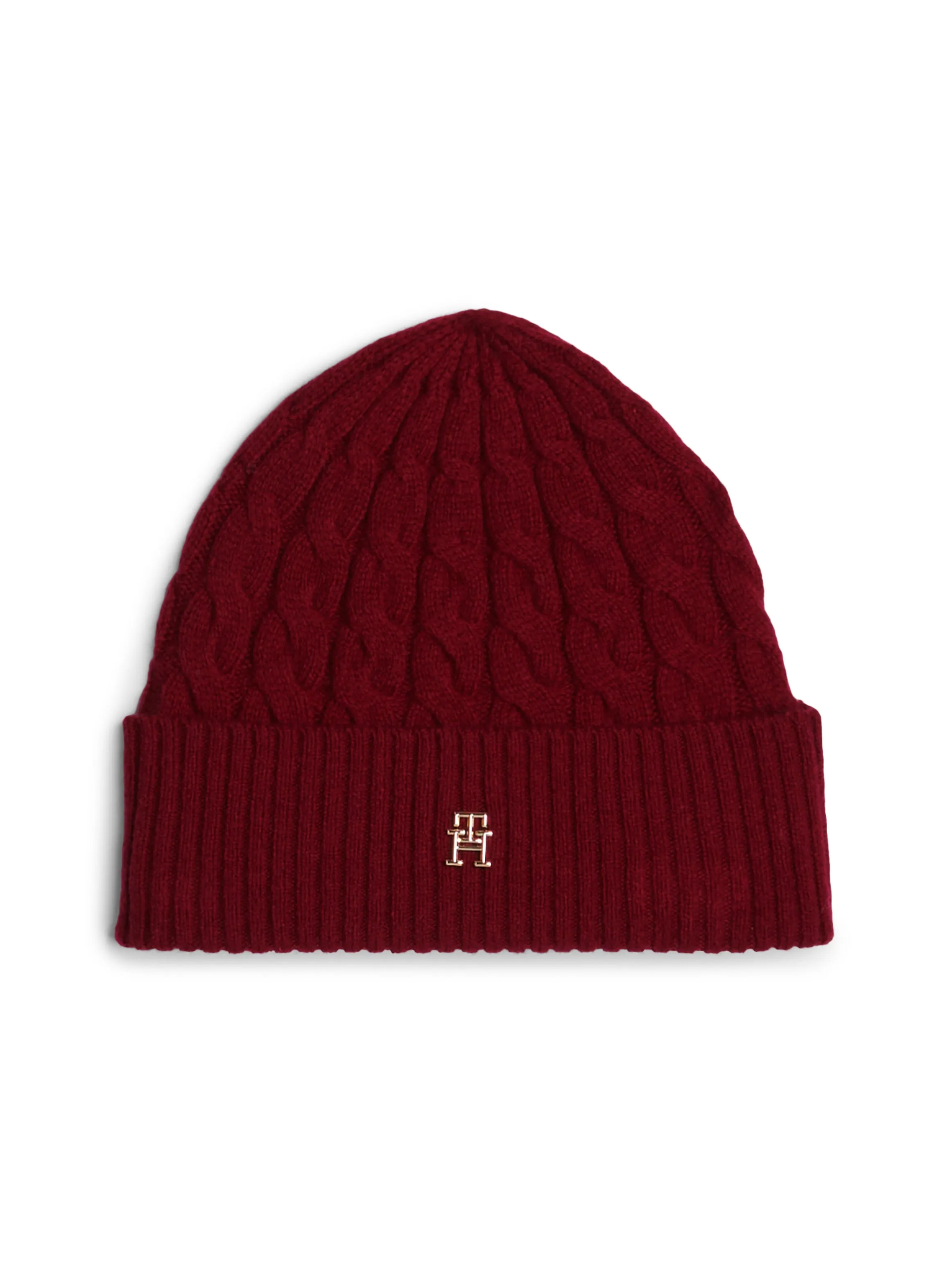 Tommy Hilfiger Womens Monogram Cable Knit Beanie Rouge