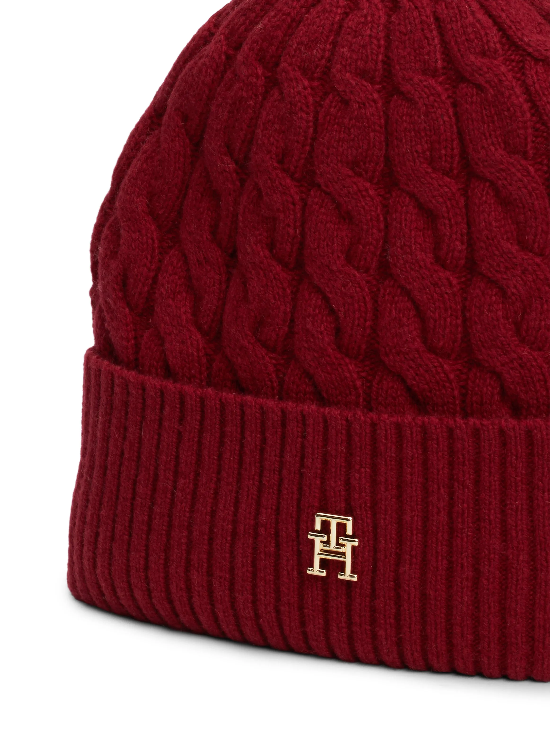 Tommy Hilfiger Womens Monogram Cable Knit Beanie Rouge