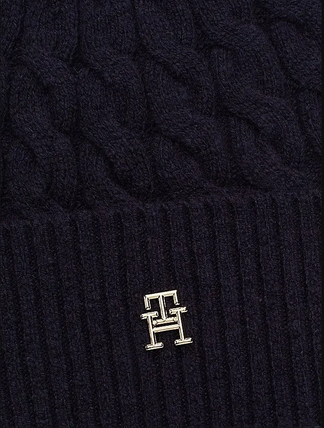 Tommy Hilfiger Womens Monogram Cable Knit Beanie Space Blue