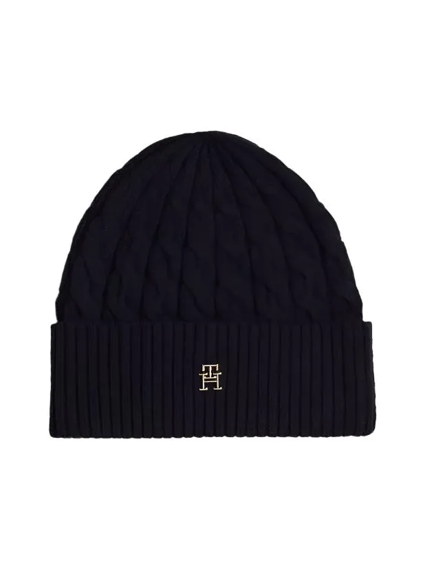 Tommy Hilfiger Womens Monogram Cable Knit Beanie Space Blue