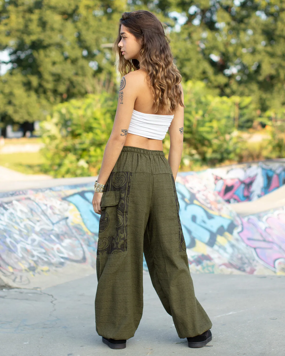 Tribal Print Parachute Harem Pants Green