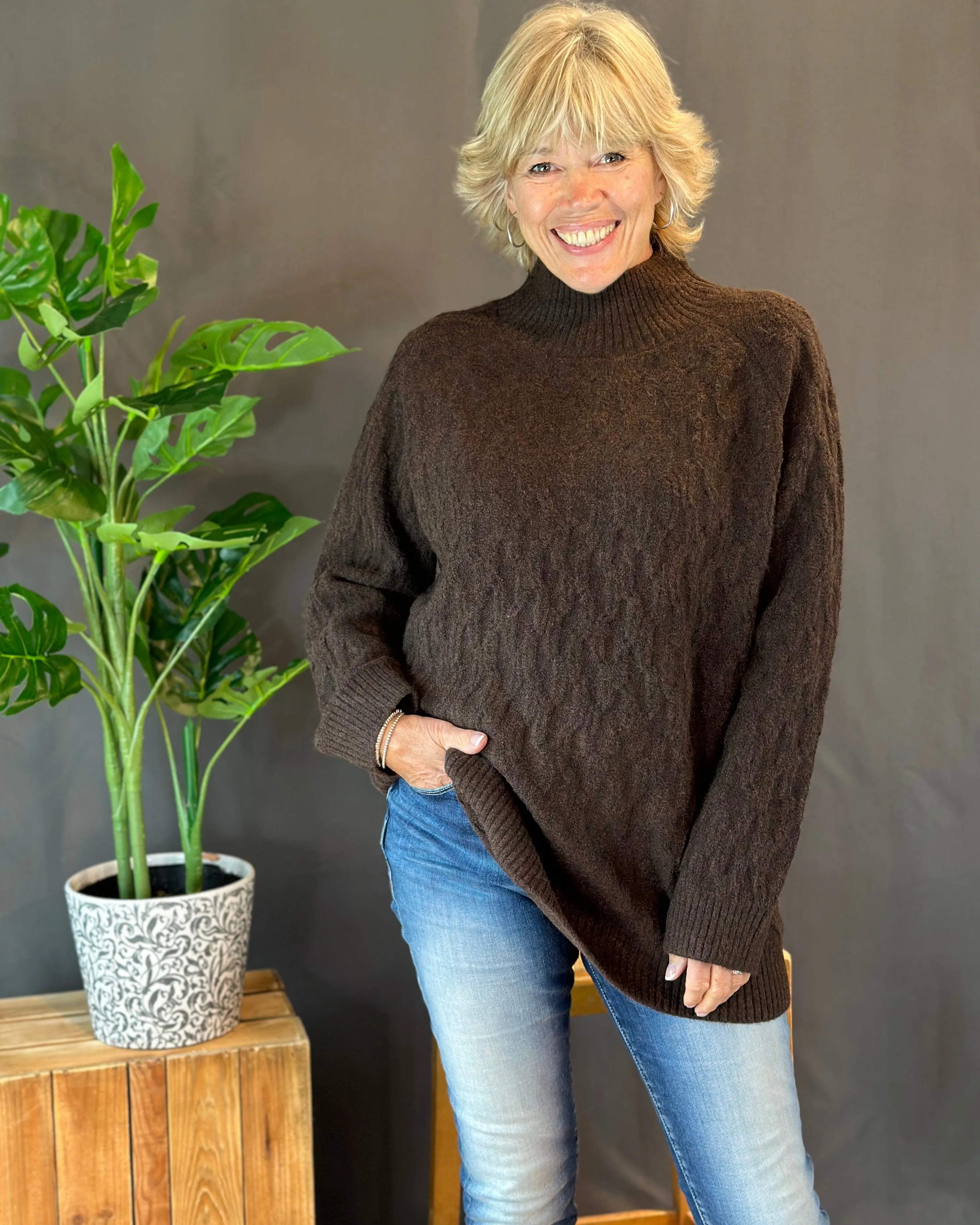 Tweed Textured Knit Turtle Neck Jumper - Chocolate Brown