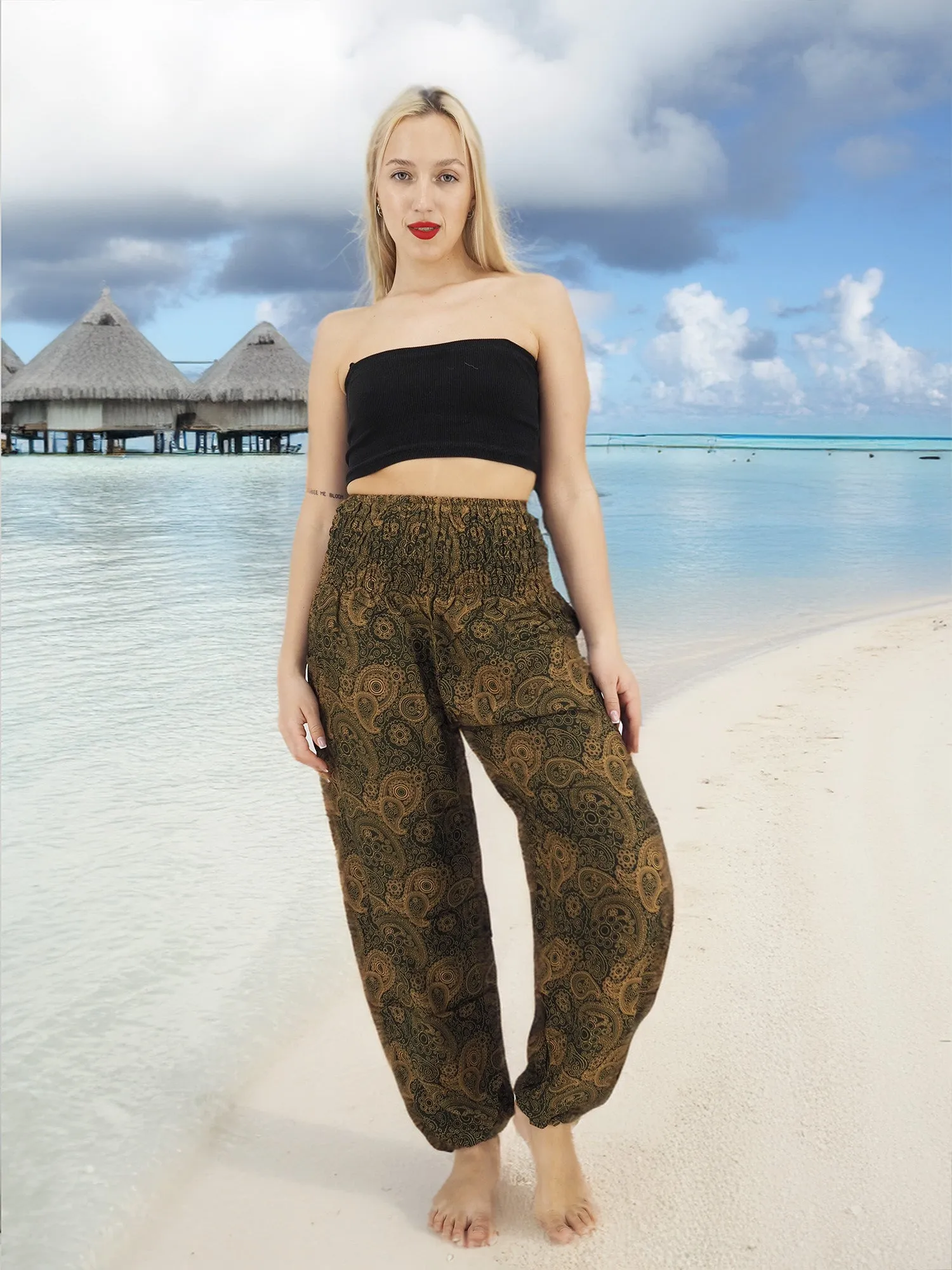 Unisex Harem Yoga Hippie Boho Pants Olive Green Paisly Print M-XL